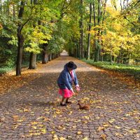 Zielona aleja drzew, kobieta pochyla sie nad wiewiórką